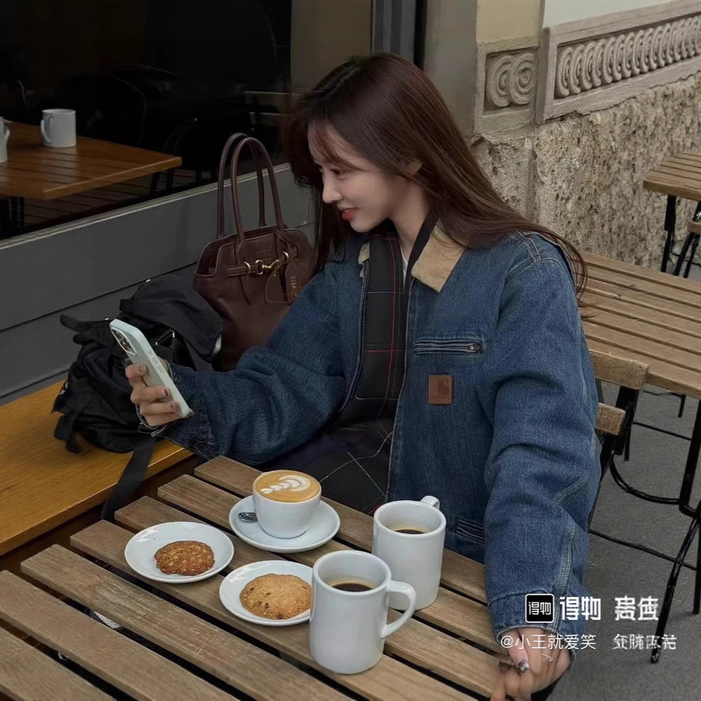 R31F CARHARTT Graphite Wash J97Vintage Color-Block Denim Jacket Workwear Coat for Couples