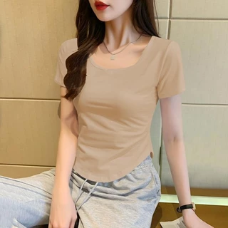 เสื้อยืดผู้หญิง เสื้อยืดคอยู สีทึบ เซ็กซี่ แขนสั้น ผิดปกติ ท็อปส์ซูผ้าฝ้าย แสดงผอม เสื้อยืดสาวอวบ เสื้อโอเวอร์ไซส์