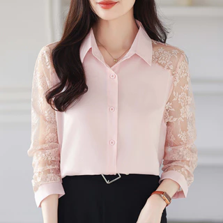 เสื้อเชิ้ตแขนยาว ผสมผ้าชีฟอง ลูกไม้ ทรงสวย