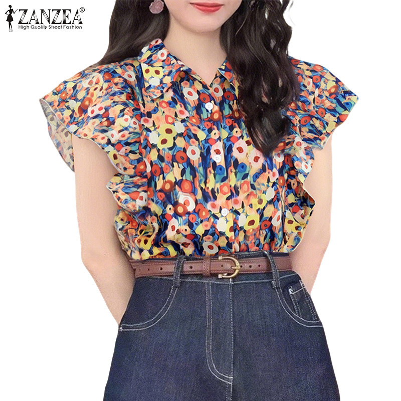 ZANZEA เสื้อเชิ้ตเกาหลีลายดอกไม้สำหรับผู้หญิง