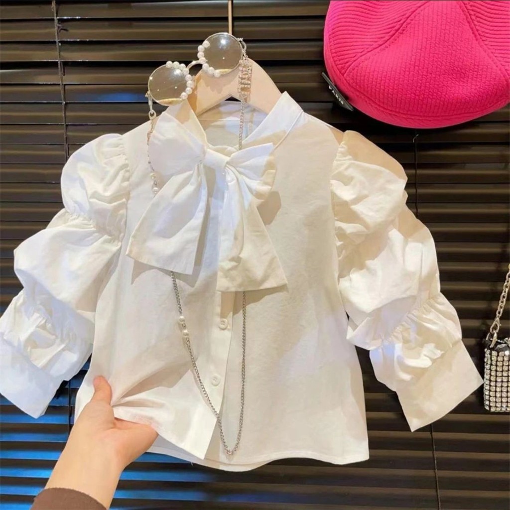 80-140 เสื้อเชิ้ตแขนยาวโบว์สีขาวสําหรับเด็กผู้หญิง - ท็อปเจ้าหญิงมีสไตล์