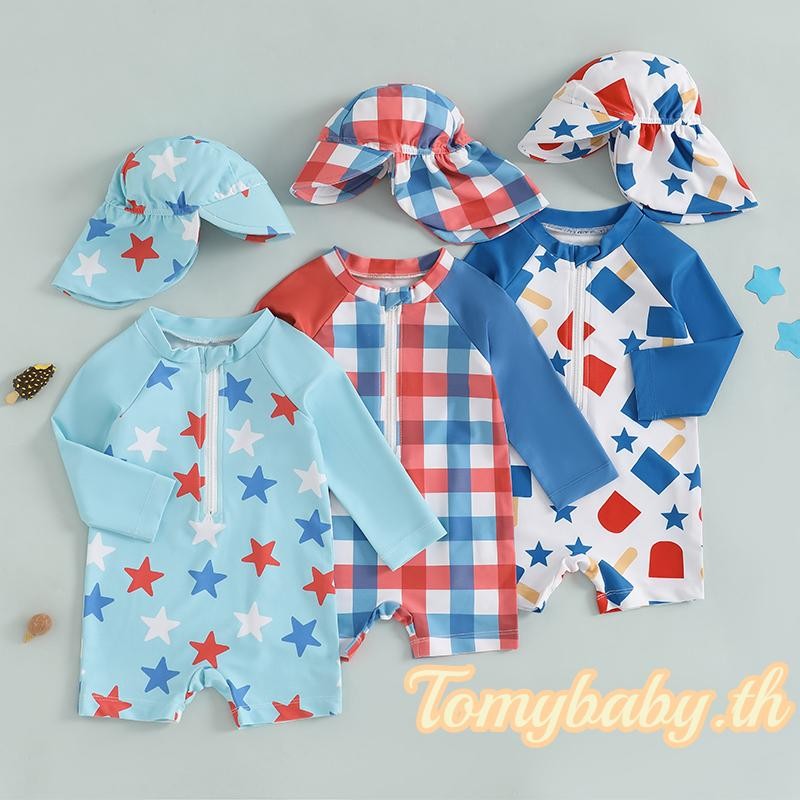 Tomybaby-Toddler Boys Rash Guard ชุดว่ายน้ําแขนยาว Mock คอซิปชุดว่ายน้ําพร้อมหมวก