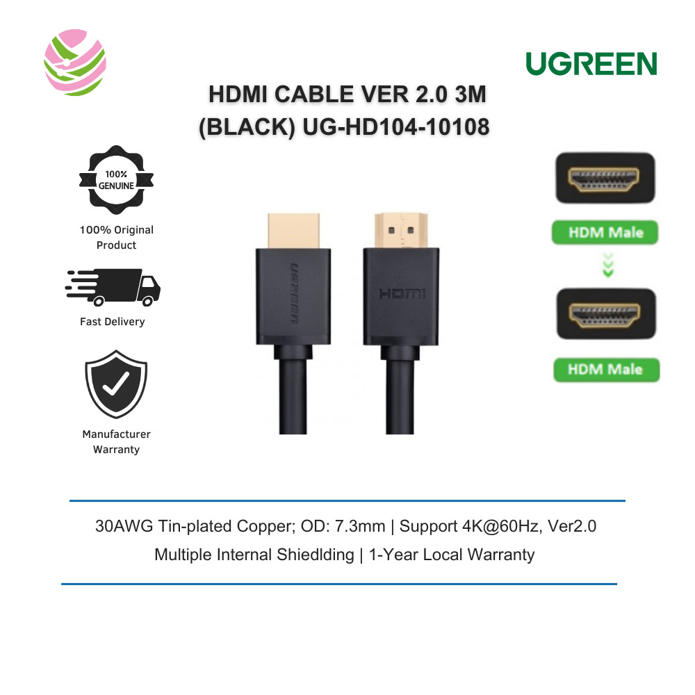 UGREEN สาย HDMI VER 2.0 4K@60HZ 3M (สีดํา) UG-HD104-10108