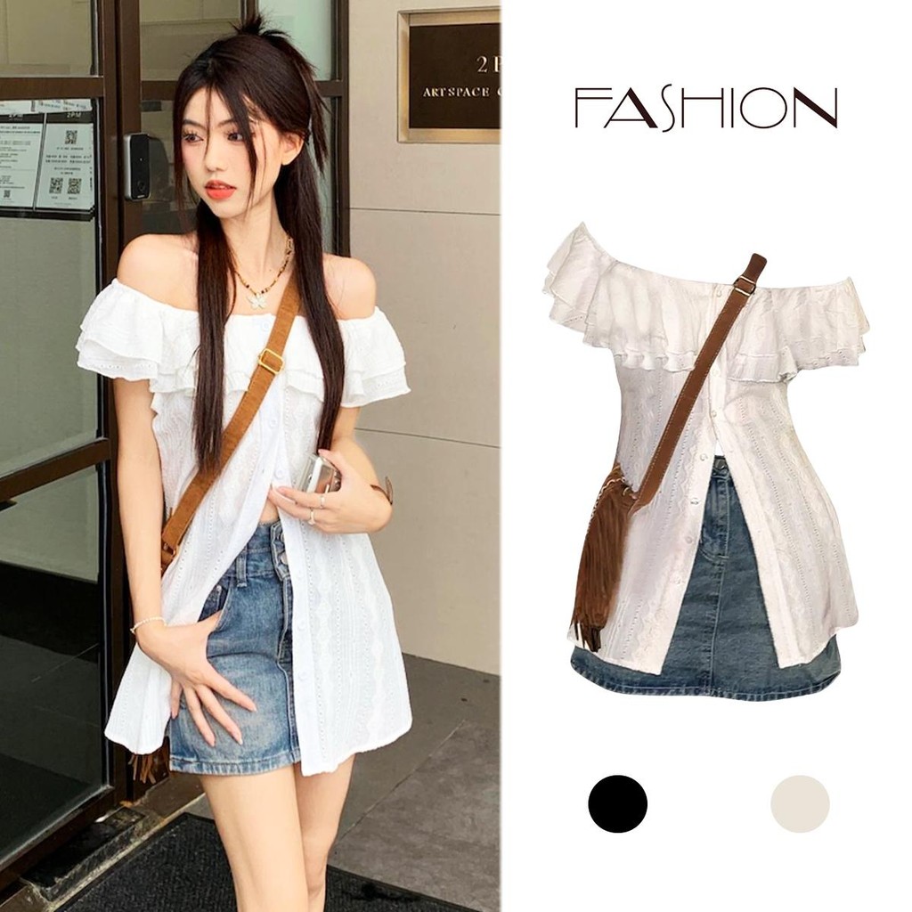 KOKO#(จัดส่งในประเทศไทย) เสื้อเชิ้ตไหล่ข้างหนึ่ง ลูกไม้แฟชั่นฤดูร้อนหญิงยอดนิยม#W550
