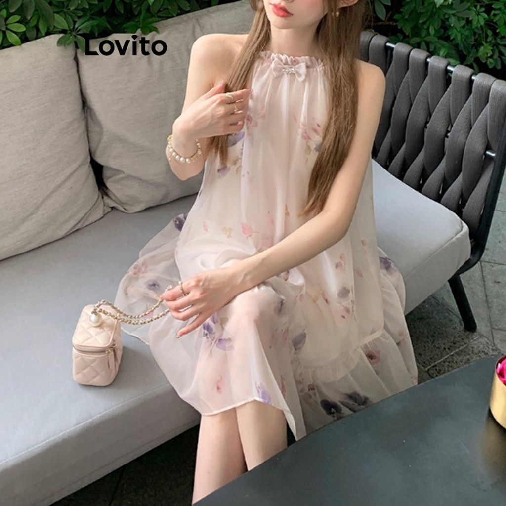 Lovito ชุดเดรสผู้หญิง แขนกุด แต่งโบว์ สีพื้น สไตล์ลำลอง LNA57059