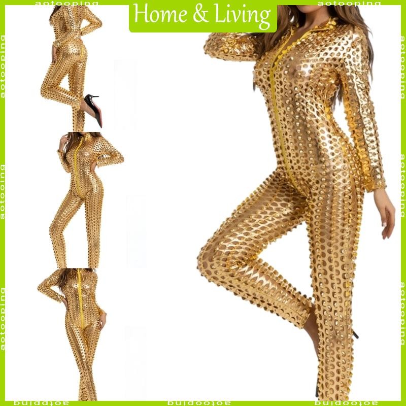 Aotoo ผู้หญิง One Pieced Jumpsuit Punk Metallic 3D Hollow Up Catsuit หนัง Chemise