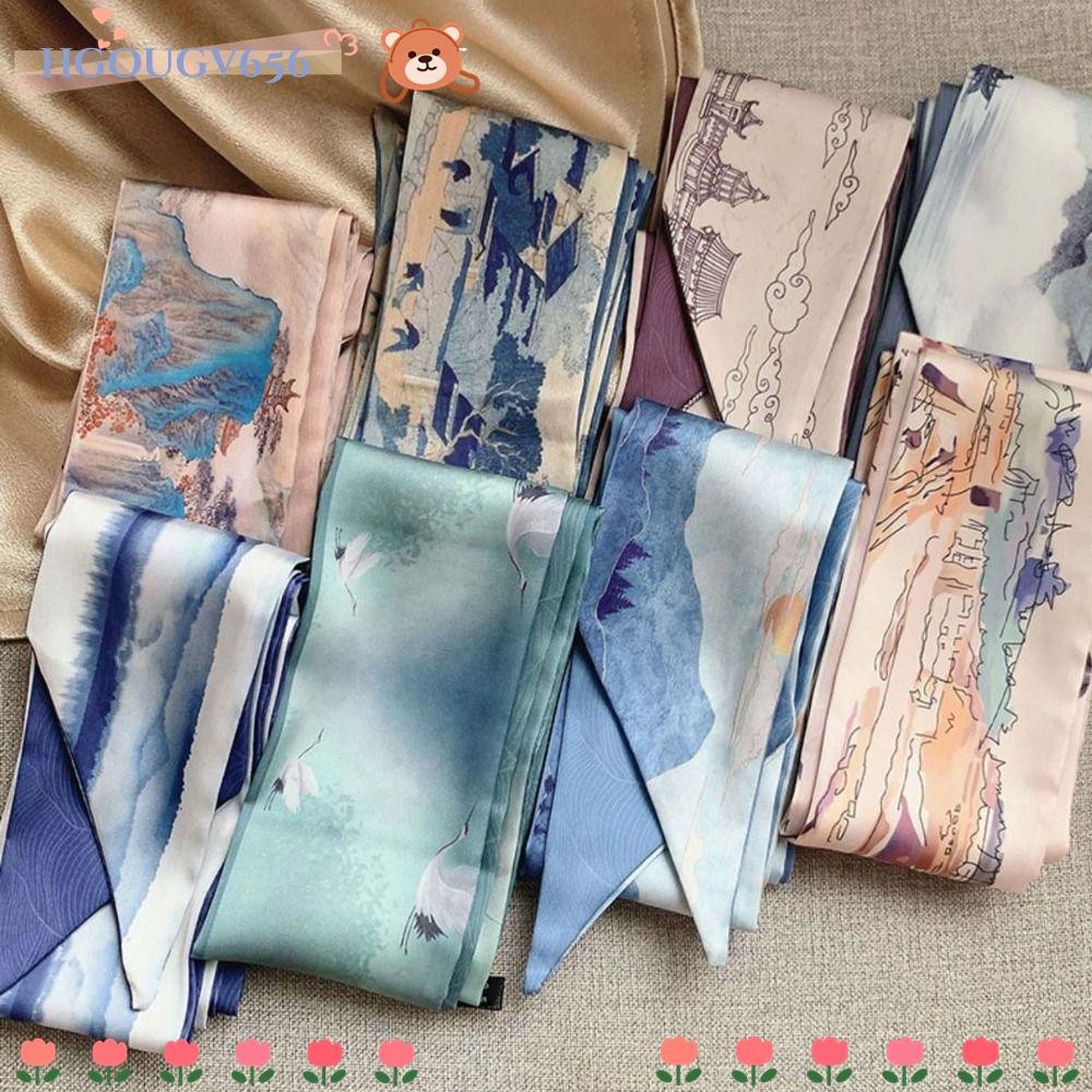 Hgougv656 ที่คาดผม, ภาพวาดสีน้ํามัน สไตล์จีน Headscarves, ริบบิ้นผูกคอลายดอกไม้