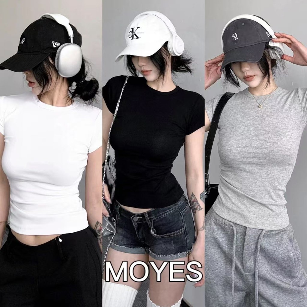 MOYES🔥ในสต็อก💗เสื้อยืดแขนสั้นสไตล์ยุโรปและอเมริกาขั้นพื้นฐานของผู้หญิงพร้อมสต็อกเสื้อสั้นสาวฮอตใหม่สลิม