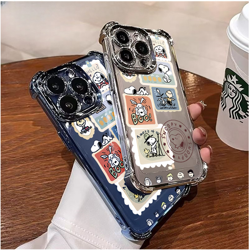 น่ารักการ์ตูน Snoopy สําหรับ Samsung Galaxy S24 S25 Ultra S23 S22 Plus S24FE S23FE S20FE A55 A54 A25 A35 A34 ถุงลมนิรภัยชุบ Anti-Fall คู่หรูหราเคสโทรศัพท์
