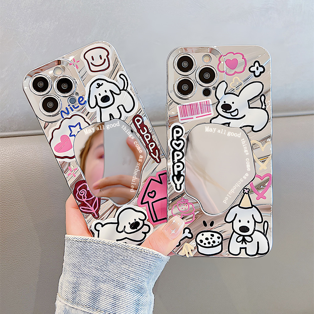 COD Case For เคส iPhone 11 13 16 15 14 12 Pro Max เคสไอโฟน 13 เคสโทรศัพท์ลูกฟูกสีเงินพร้อมกระจกแต่งหน้า
