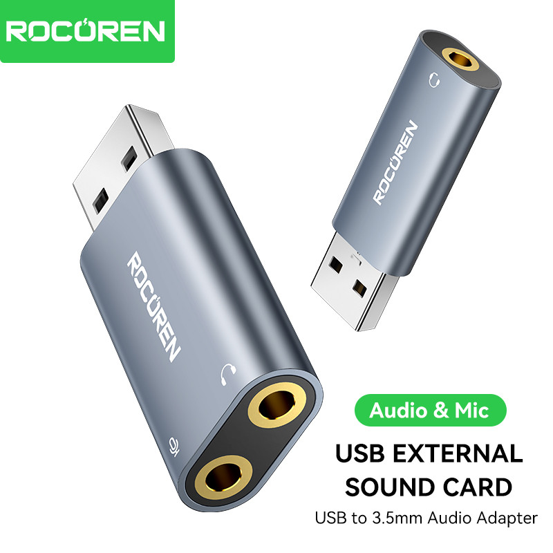 Rocoren USB การ์ดเสียงภายนอก USB ถึง 3.5 มม.แจ็คอะแดปเตอร์เสียง USB ถึงหูฟังหูฟังไมโครโฟนสเตอริโอไดรฟ์ฟรีสําหรับ MacOS Linux Android แล็ปท็อป PS5/PS4