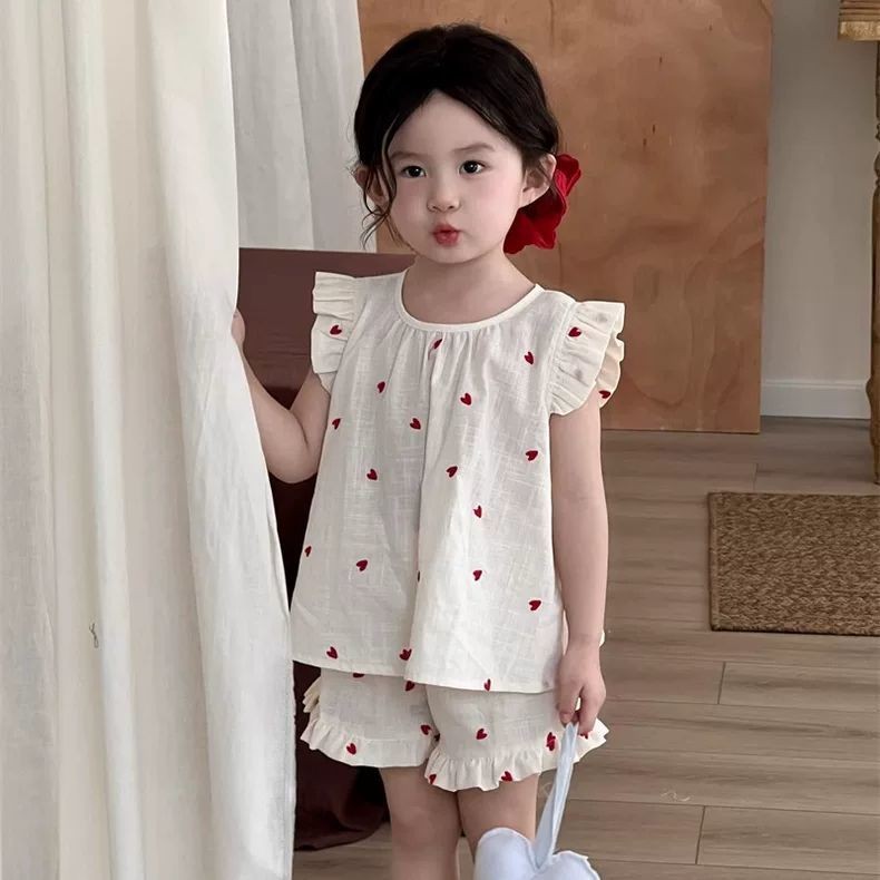 ฤดูร้อนเด็กหัวใจปักบินแขนทารกเสื้อสูทสาวเวอร์ชั่นเกาหลีเสื้อกั๊กด้านบน + กางเกงลูกไม้ชุดสองชิ้น - รูปที่ 3