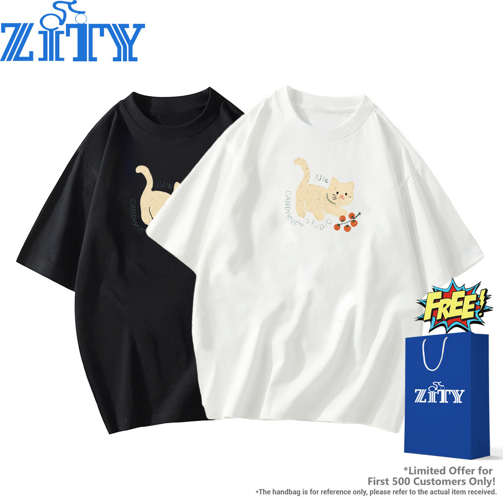 เOVERSIZE ทั้งชายหญิง ผู้ชาย-ผู้หญิง 💌🐱 ZITY เสื้อยืดคู่ Cotton 100% คอกลม ด้านหน้ามีลาย "Cute Cat" 👩‍❤️‍👨 PODD0020