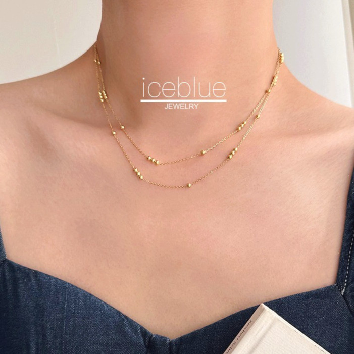 Iceblue-Double-LayerลูกปัดGold silver Chainสร้อยคอ18K Gold Platedกันน้ําNon Tarnishเครื่องประดับ316L
