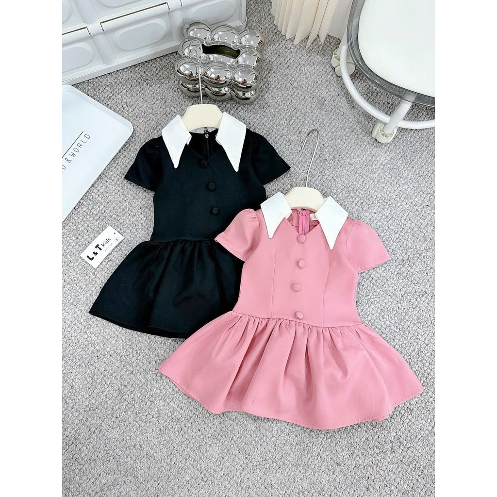 10-28กิโลกรัม ชุดเดรสเด็กผู้หญิง ชุดเดรสคอปกเชิ้ตระบาย 2 สี LT สีชมพูและดํา สําหรับเด็กผู้หญิง