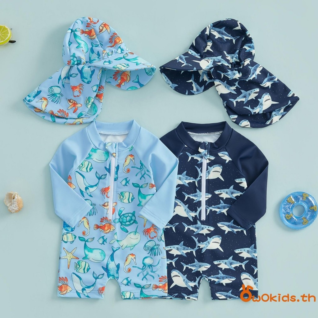 toddler Boy ชุดว่ายน้ําแขนยาว Shark พิมพ์ครึ่งซิป Non-Pilling Rash Guard ชุดว่ายน้ํา Sunhat Set