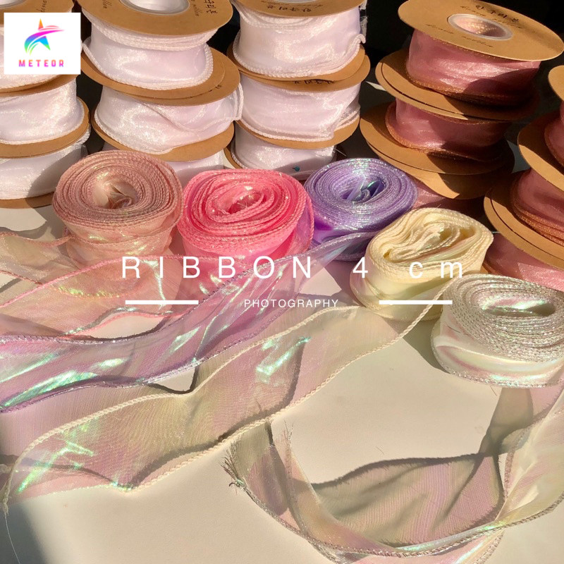 (พร้อมส่ง1หลา)ริบบิ้นผ้าซีทรู เย็บขอบ ผ้าแก้วเกาหลี ริบบิ้นผ้า โบว์ริบบิ้น กว้าง 40 mm ต่อหลา DIY