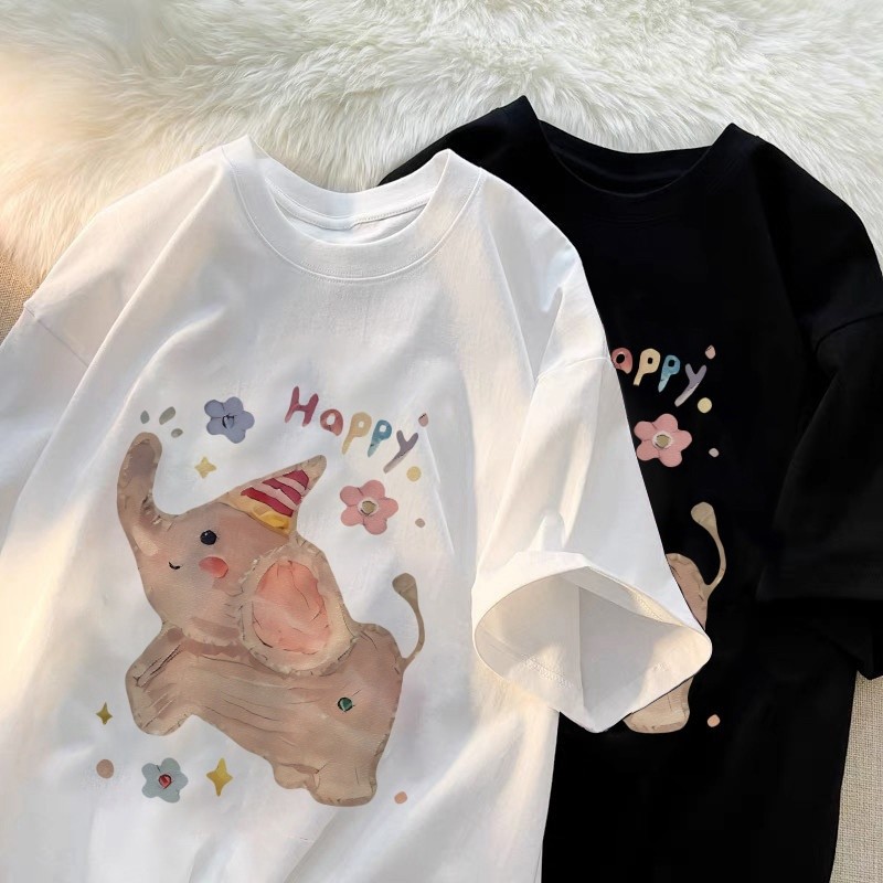 【จัดส่งจากไทย】เสื้อยืดลายช้างการ์ตูนน่ารัก แขนสั้น คอกลม ผ้าเนื้อนุ่ม สวมใส่สบาย