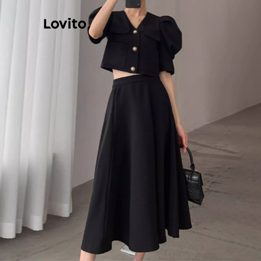 Lovito ชุดกระโปรงกระดุมธรรมดาสำหรับผู้หญิง LNE81356