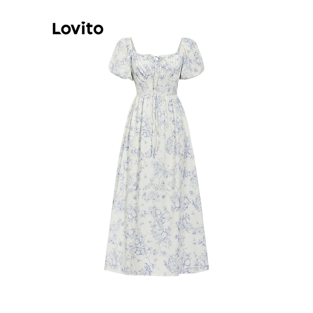 Lovito ชุดเดรสผู้หญิง แบบผูกเชือก ลายดอกไม้ สไตล์หรูหรา LNE68563