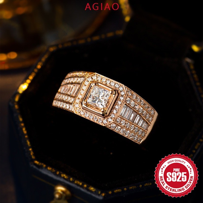 AGIAO 18K Gold Princess Square Ring Luxury Men 1 กะรัต 5A แหวนเพทาย