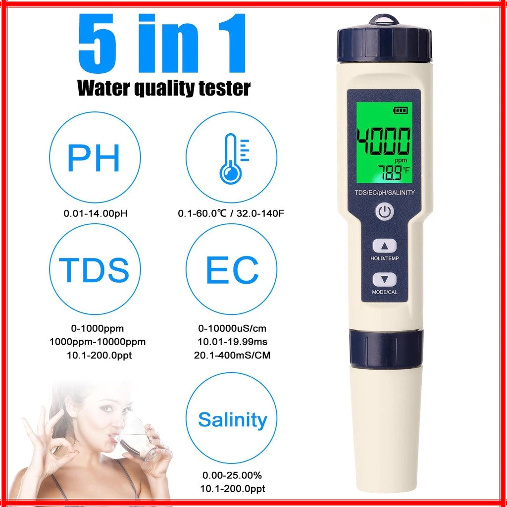 5in1❤ TDS EC PH SALT TEMP meter เครื่องวัดคุณภาพน้ำ เครื่องวัดสภาพน้ำ วัดความเค็ม water quality tester meter