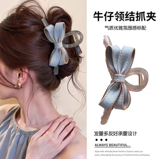 กิ๊บติดผมแฟชั่นเกาหลี โบว์ยีนส์สีน้ำเงินและสีเทาโปร่งใส พร้อมคลิปฉลาม