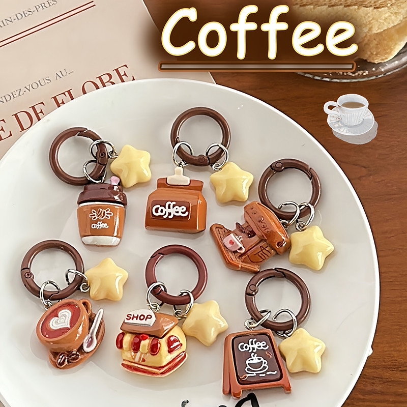 Creative Mini Coffee Shop Stars พวงกุญแจ Love Heart Latte Art ถ้วยพวงกุญแจหูฟังจี้ของขวัญ