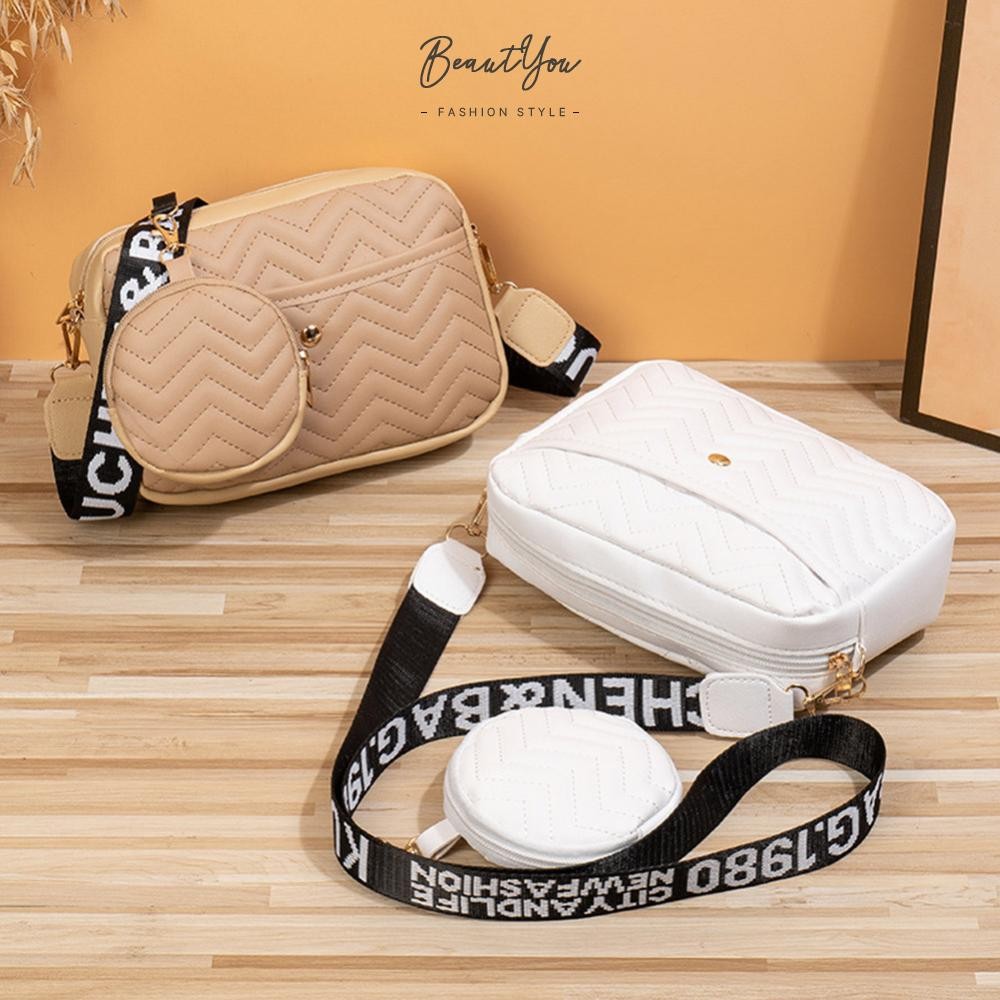 Women PU Stylish Crossbody Bag Large Capacity Simple Commuting Bag with Round Purse Casual Satchel Bag Slouchy Sling Bag [BeautYou.th]