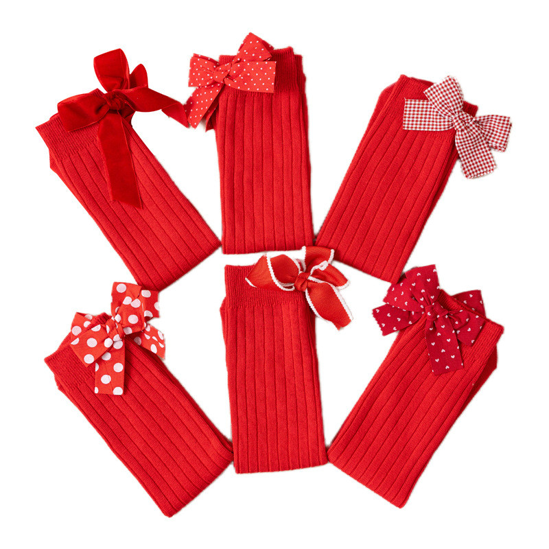 เด็กถุงเท้าหญิงโลลิต้าปีใหม่สีแดงหลอดยาวเทศกาลโบว์ลูกวัว