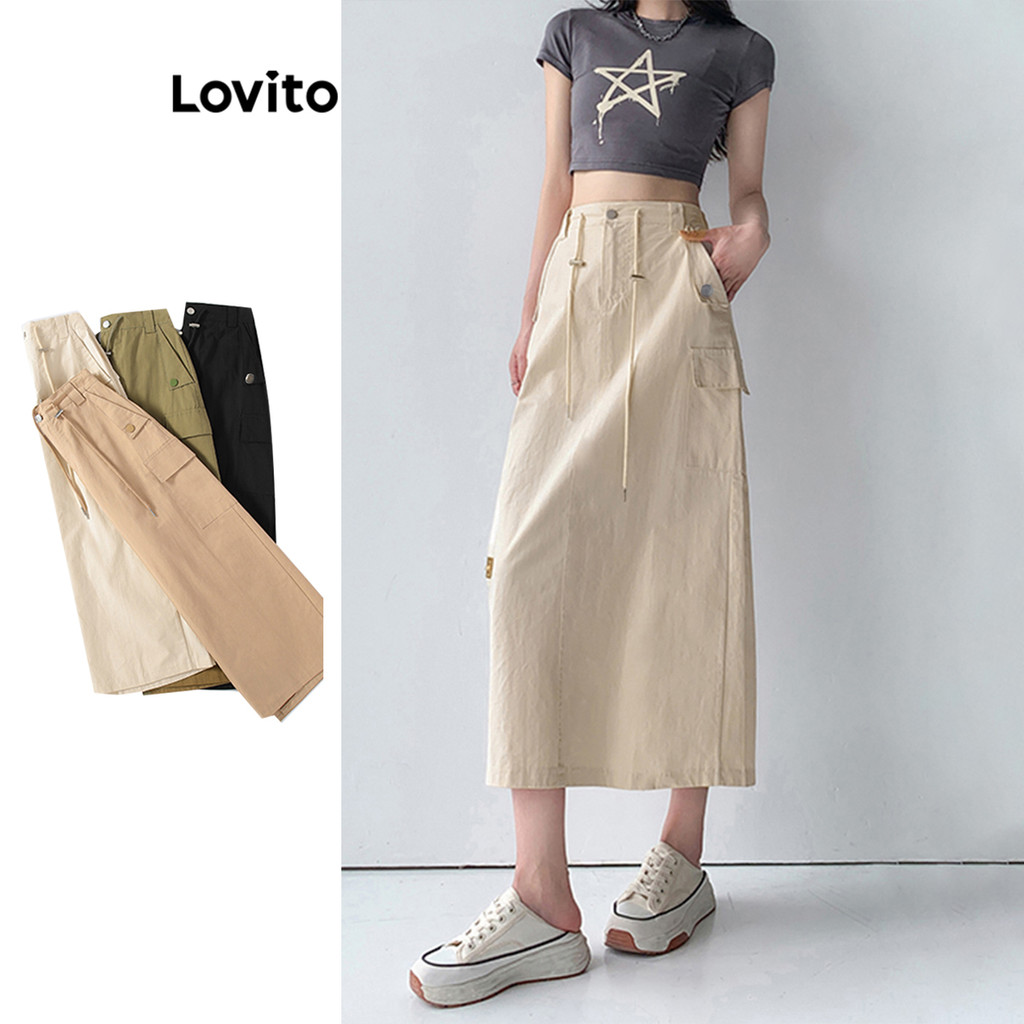 Lovito กระโปรงผู้หญิง แต่งกระเป๋า สีพื้น สไตล์ลำลอง LNE59381