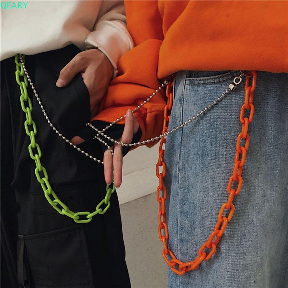 Qeary กางเกงโซ่ Hip Hop สีชมพูเรืองแสงโซ่อะคริลิคเสื้อผ้าตกแต่งเข็มขัดพลาสติกยอดนิยม