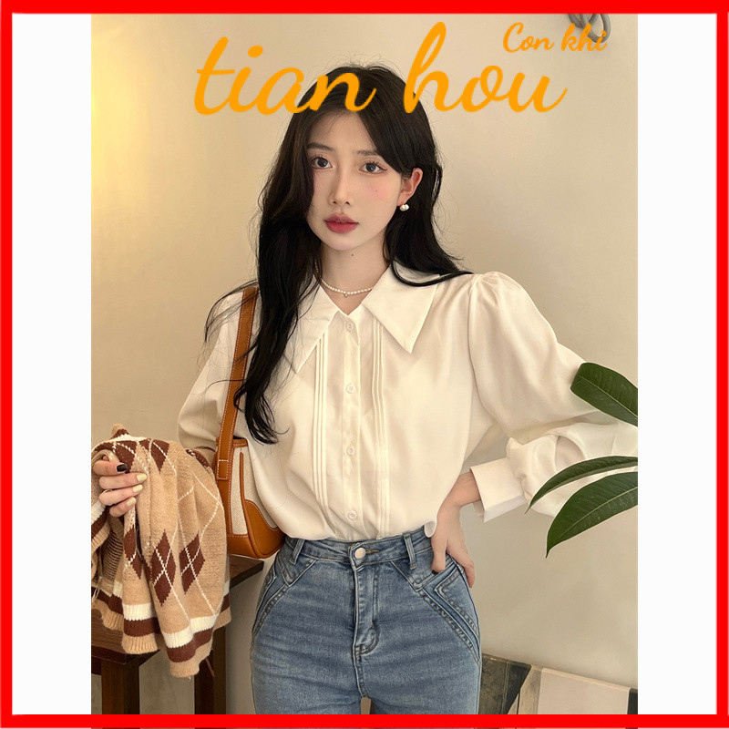 ใหม่เสื้อเชิ้ตแขนยาวคอโปโลสีขาวสไตล์ฝรั่งเศสสำหรับผู้หญิงเสื้อเชิ้ตใส่ด้านในสุดหรูดีไซน์เฉพาะสำหรับฤ