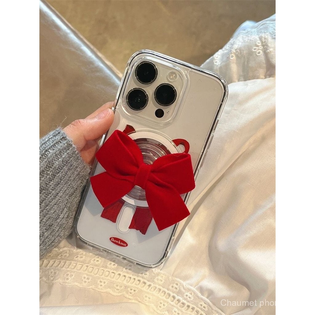 โบว์สีแดงปีใหม่พร้อมตัวยึดแม่เหล็กเข้ากันได้กับ iphone16เคสโทรศัพท์แบบแม่เหล็กกันกระแทก15/14PROMAX นิ่ม13/รูใหญ่12สร้างสรรค์11 x XR XS MAX aiez2