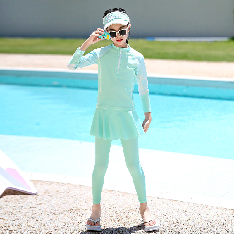 ชุดว่ายน้ำสำหรับเด็ก [120-170cm] กางเกงแขนยาวสำหรับเด็กผู้หญิงแยกชิ้นชุดกันแดดแบบอนุรักษ์นิยมขายส่ง