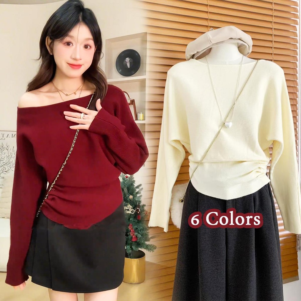 KOKO#เสื้อสเวตเตอร์ถักเปิดไหล่สีแดงสไตล์เรโทรสำหรับผู้หญิง เสื้อไหมพรมผู้หญิงที่กําลังฮิต แขนค้างคาว#V114