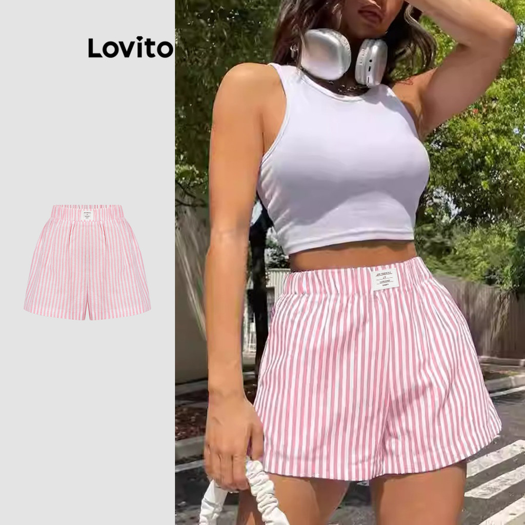 Lovito กางเกงขาสั้นลายทางน่ารักสำหรับผู้หญิง L114AD141
