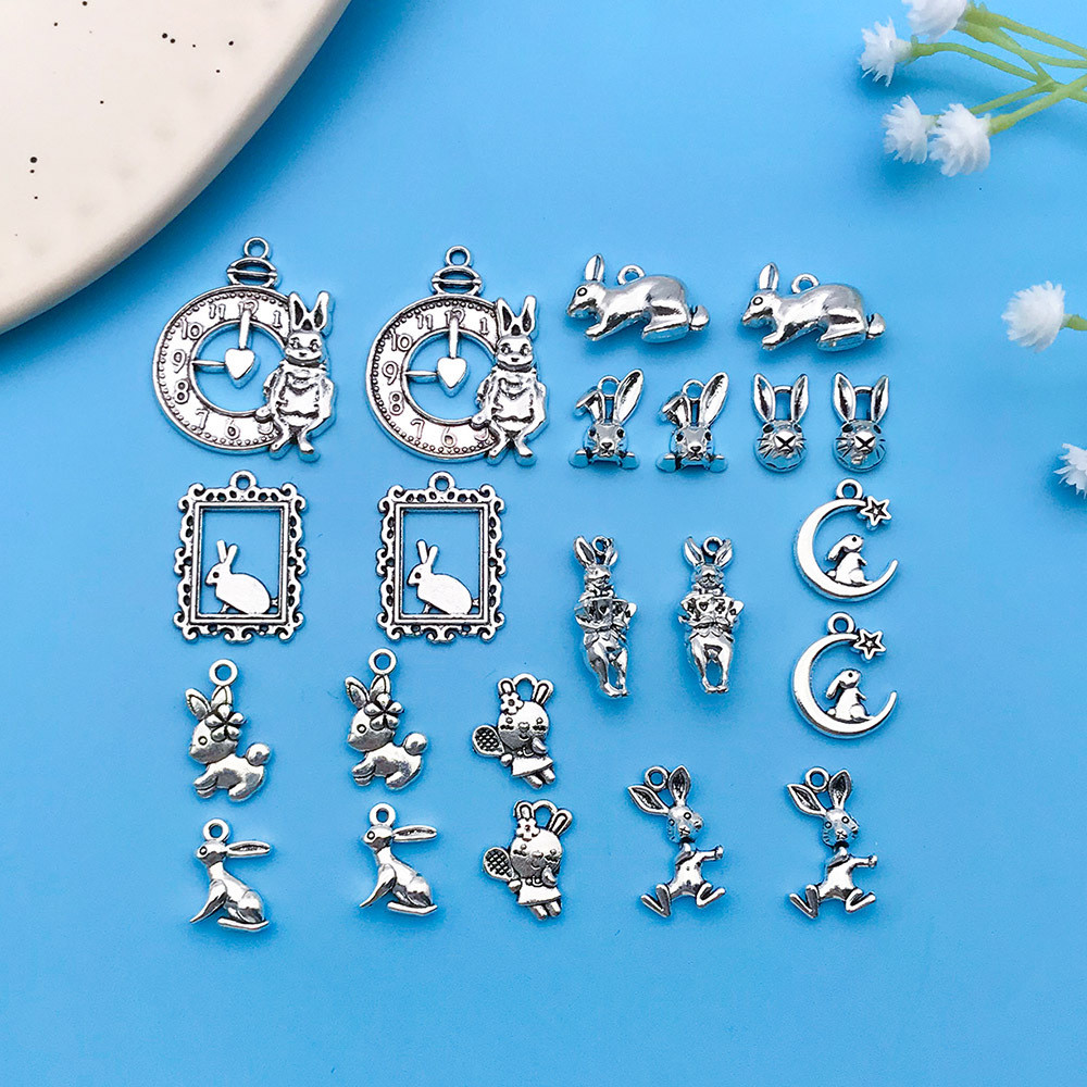 นาฬิกากระต่ายอีสเตอร์เคลือบเงินโบราณ จี้กระต่ายพระจันทร์ DIY สร้อยข้อมือ สร้อยคอ อุปกรณ์เครื่องประดับ