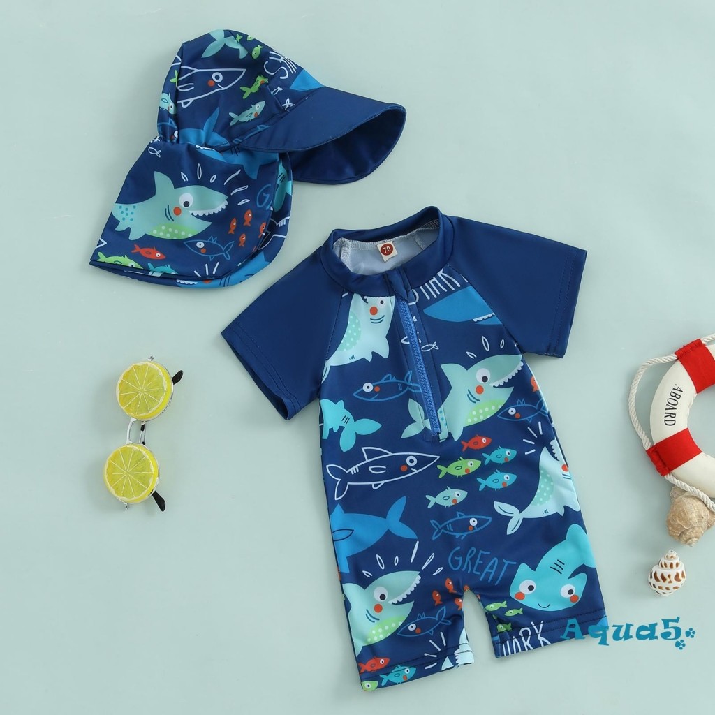 Aqq-toddler Boys Rash Guard ชุดว่ายน้ํา Playsuits Shark พิมพ์ซิปแขนสั้นชุดว่ายน้ําป้องกันแสงแดดพร้อมหมวกว่ายน้ําชุด - รูปที่ 2