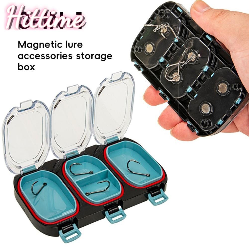 HITTIME 1PC 3-Slot Magnetic Lure อุปกรณ์เสริมกล่องเก็บโปร่งใสฝาปิดแบบพกพา Fishhook แหวนเหยื่อกันน้ำ 