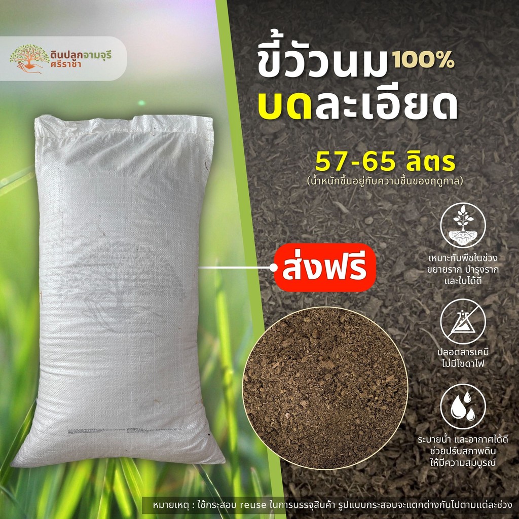 (ส่งฟรี)ขี้วัวนมบดละเอียด 1 กระสอบ (57-65 ลิตร) ปุ๋ยคอก มูลวัว ใช้เวลาจัดส่ง 5-7 วันทำการ