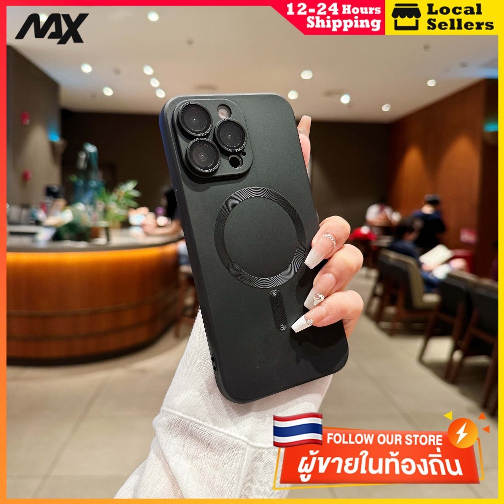 เคสโทรศัพท์มือถือ ผิวแม่เหล็ก ผิวเมทัลลิก ไร้สาย กล่องชาร์จ สีดํา หรูหรา for iPhone 11 12 13 14 15 Pro Max 6s 6 7 8 Plus