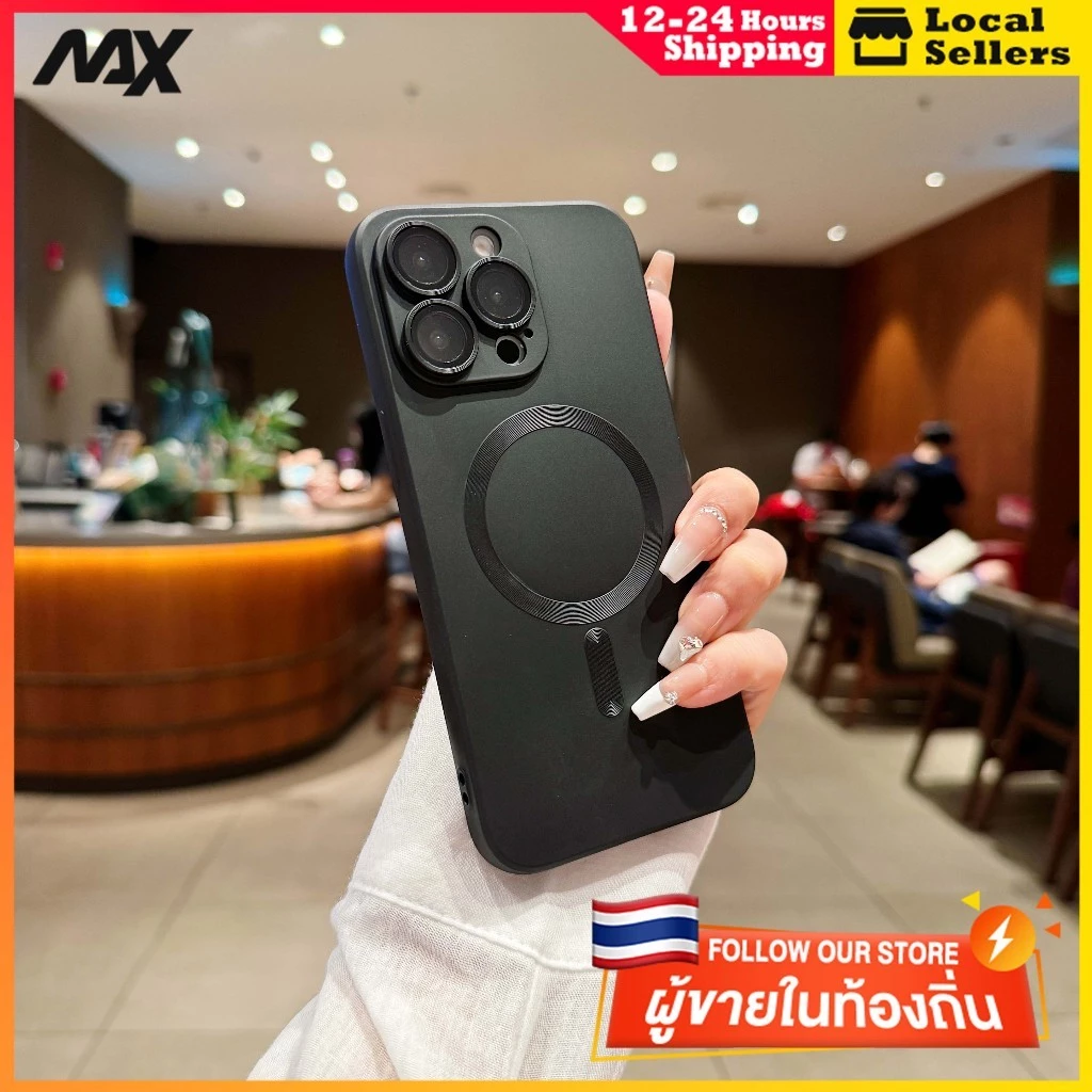 เคสโทรศัพท์มือถือ ผิวแม่เหล็ก ผิวเมทัลลิก ไร้สาย กล่องชาร์จ สีดํา หรูหรา for iPhone 11 12 13 14 15 Pro Max 6s 6 7 8 Plus