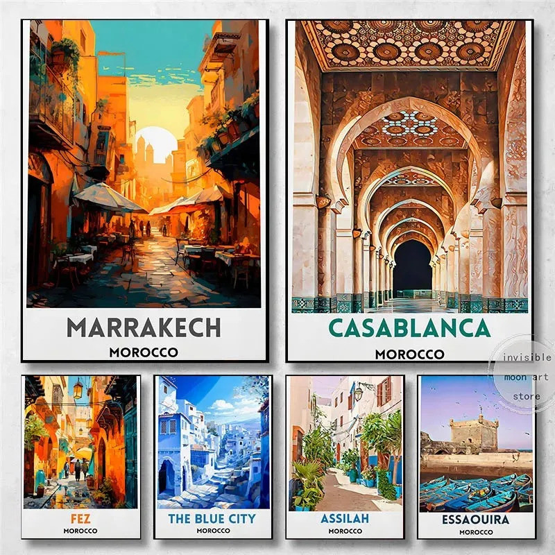 Travel Morocco Art Casablanca Marrakech Fez Building Art โปสเตอร์ผ้าใบภาพวาดพิมพ์ภาพสําหรับห้องตกแต่