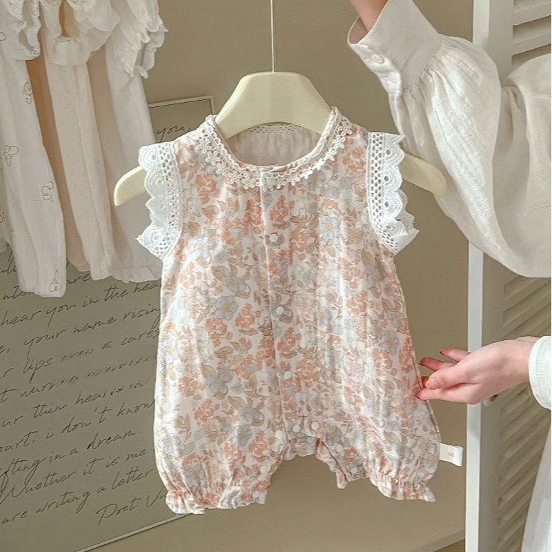 ฤดูร้อนใหม่เสื้อผ้าเด็กหญิงแขนกุดลูกไม้บอดี้สูท 0-24 เดือนเด็กแฟชั่นดอกไม้สบายหวานสไตล์เจ้าหญิงดอกไม้ ชุดรอมเปอร์ สไตล์เกาหลี