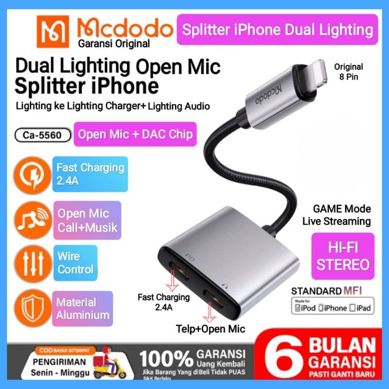 Mcdodo Adapter Converter Splitter iPhone Lighting เป็น Dual Lighting เปิดชิป Mic DAC