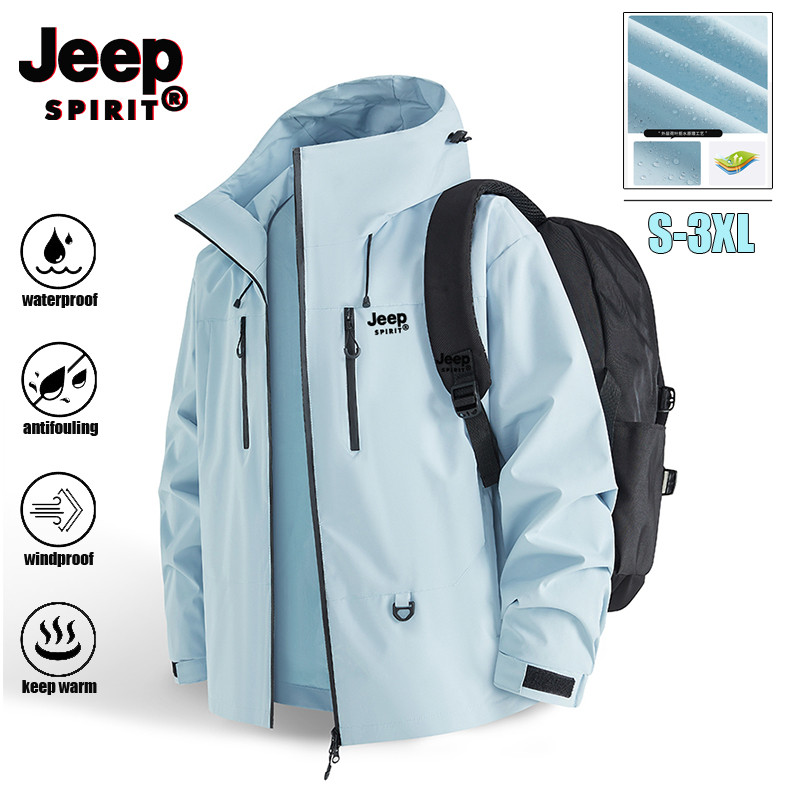 JEEP SPIRIT คู่กลางแจ้งทนต่อการสวมใส่, กันน้ำ, แจ็คเก็ตกันลม การเดินป่า Hooded แจ็คเก็ตสีฟ้า