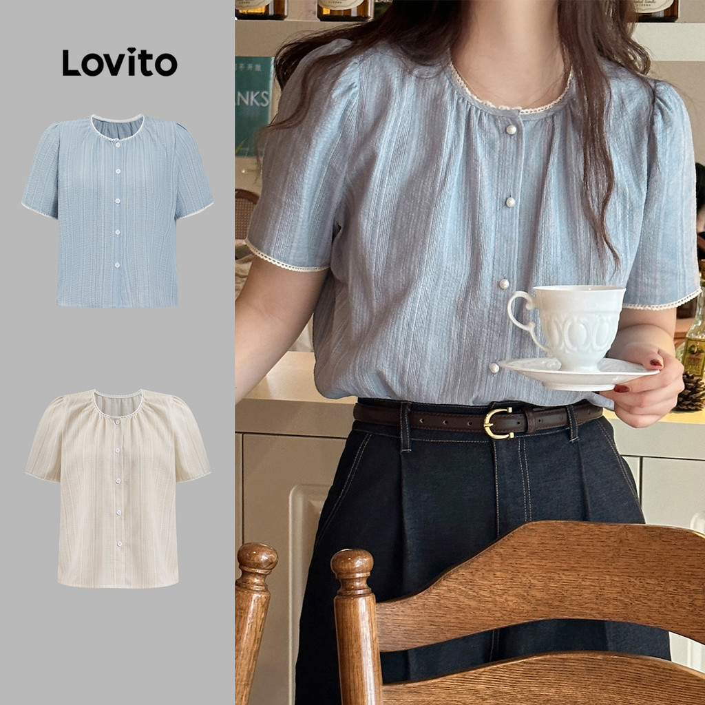(KOL‘s pick) Lovito สง่างาม เสื้อเบลาส์กระดุมลายทางสำหรับผู้หญิง L99ED673