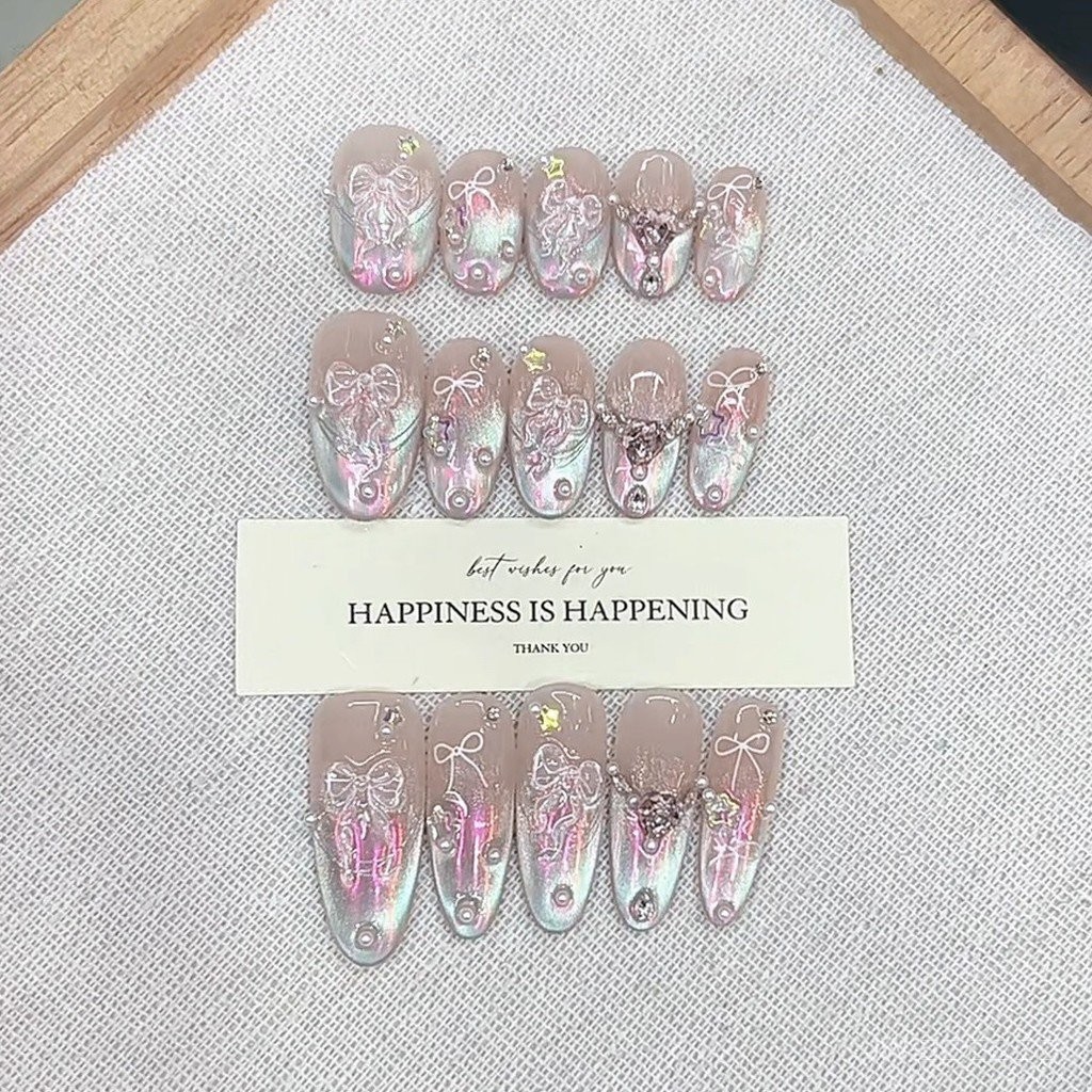 JW ส่งฟรี✨เล็บปลอมทำมือใหม่ล่าสุดสำหรับหน้าร้อน! 💎 ลายโบว์ประดับ Cubic Zirconia + แคทอาย ✨ (สไตล์หรู สั่งจองด่วน!) 👑