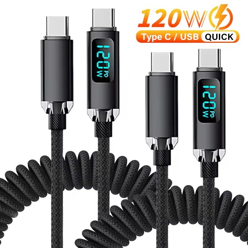 สาย USB-C 120W พร้อมจอแสดงผลดิจิตอล | สายขดสปริงชาร์จเร็ว 6A สําหรับ Android | ไนลอนถักทนทาน 95 ซม./194 ซม. สีดํา
